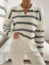 Women's Striped Openwork Polo-Collar Pullover Sweater - KaleaBoutique.com