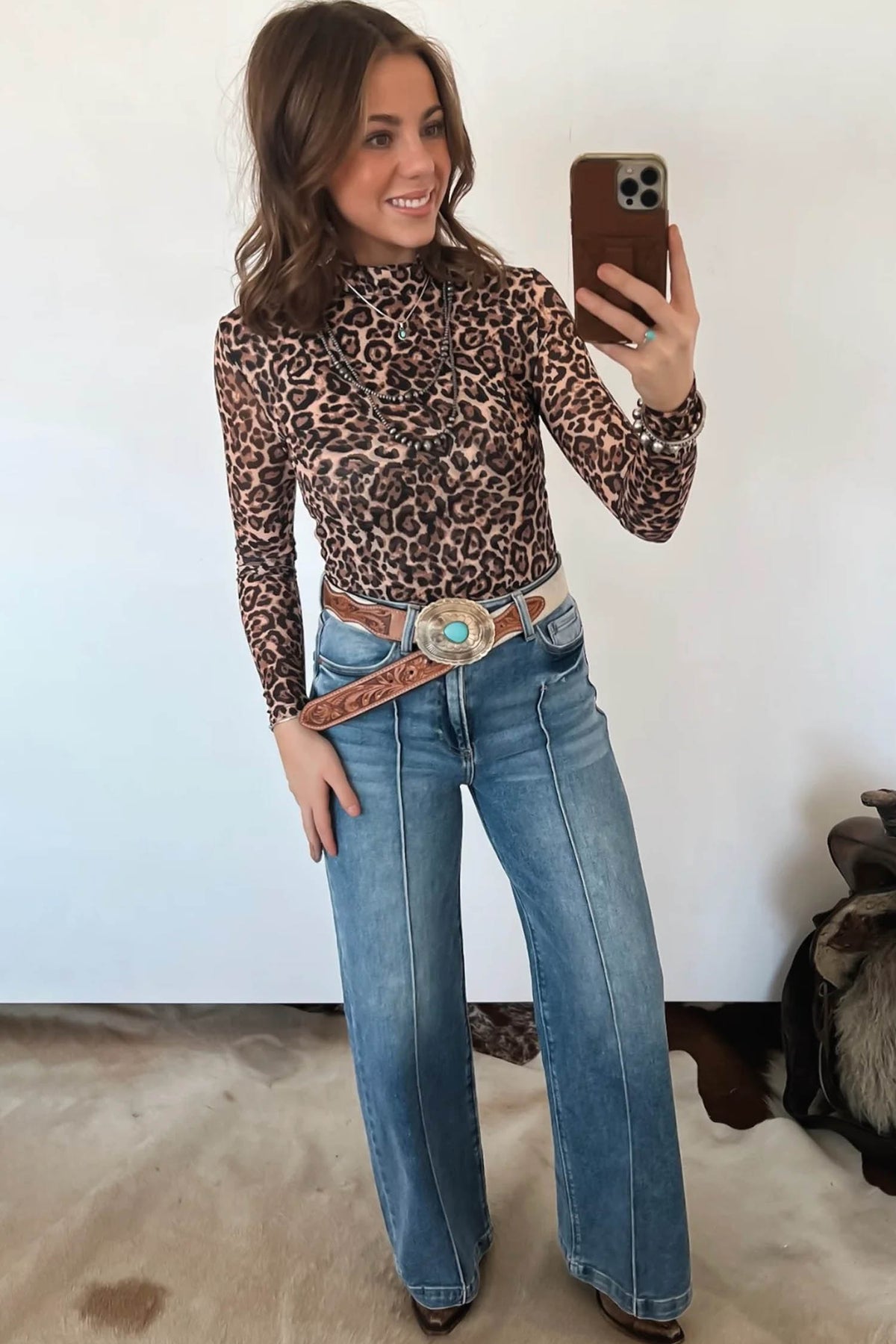 KaleaBoutique Stylish Leopard High Neck Long Sleeve Western Slim Top - KaleaBoutique.com