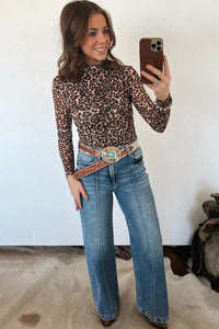 KaleaBoutique Stylish Leopard High Neck Long Sleeve Western Slim Top - KaleaBoutique.com