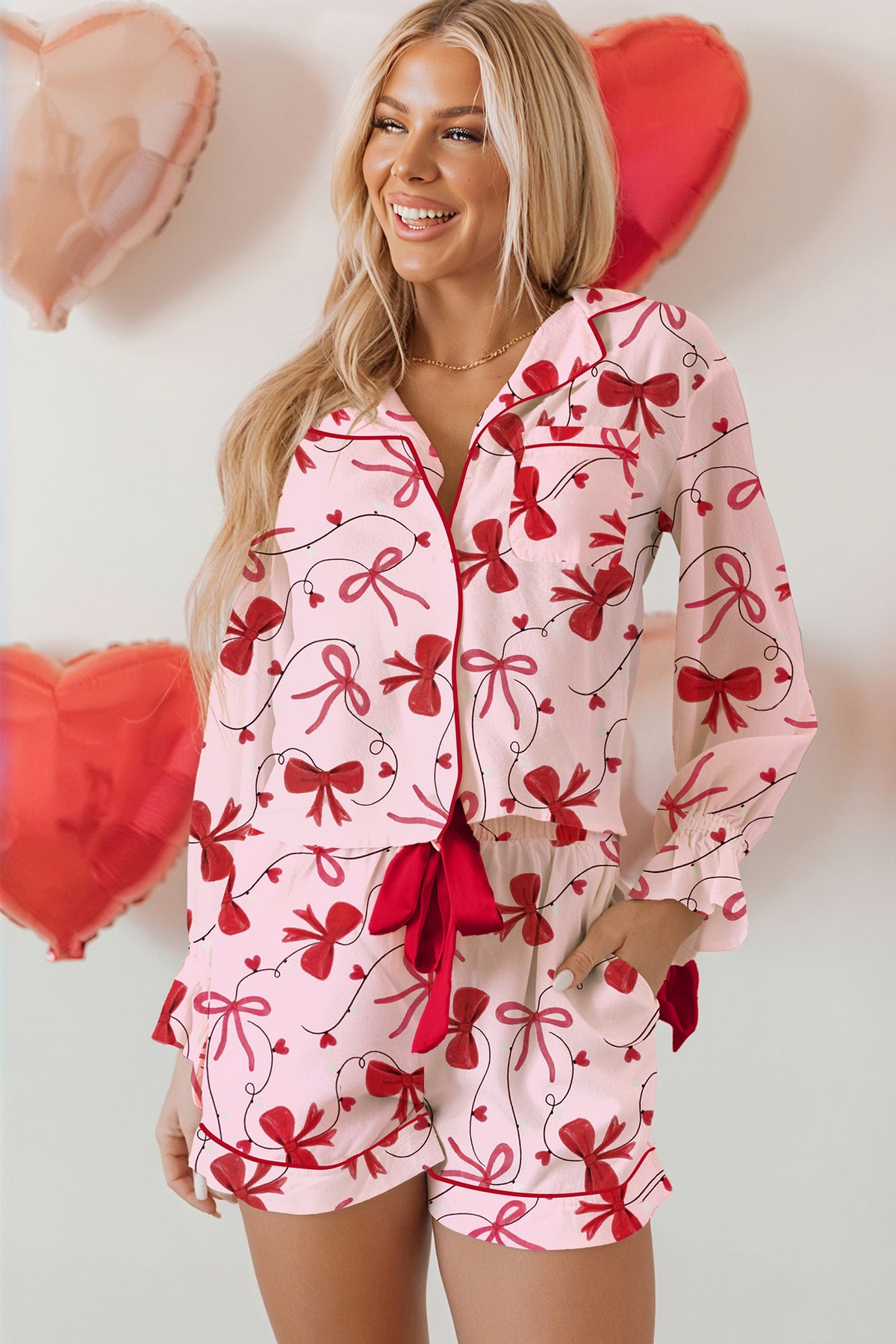 KaleaBoutique Comfortable Bow Print Valentine Long Sleeve Shirt Shorts 2 Pcs Pajama Set - KaleaBoutique.com