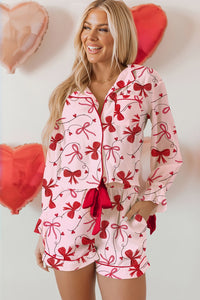 KaleaBoutique Comfortable Bow Print Valentine Long Sleeve Shirt Shorts 2 Pcs Pajama Set - KaleaBoutique.com