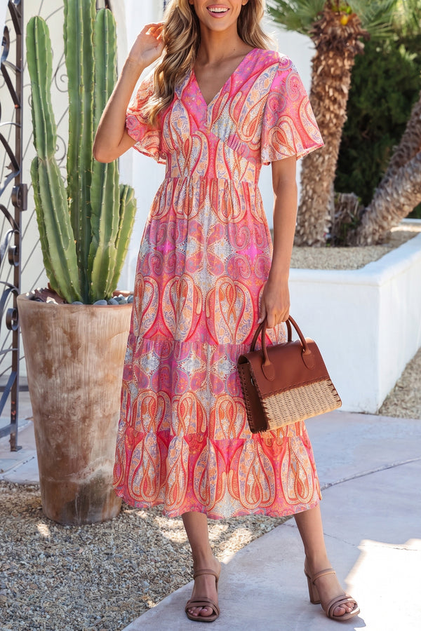 KaleaBoutique Comfortable Paisley Print V-Neck Short Sleeve Boho Maxi Dress with Ruffle Details - KaleaBoutique.com