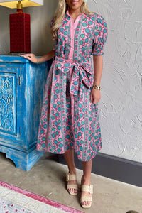 KaleaBoutique Stylish Floral Shirred Puff Sleeve Buttoned Front Midi Dress with Sash - KaleaBoutique.com
