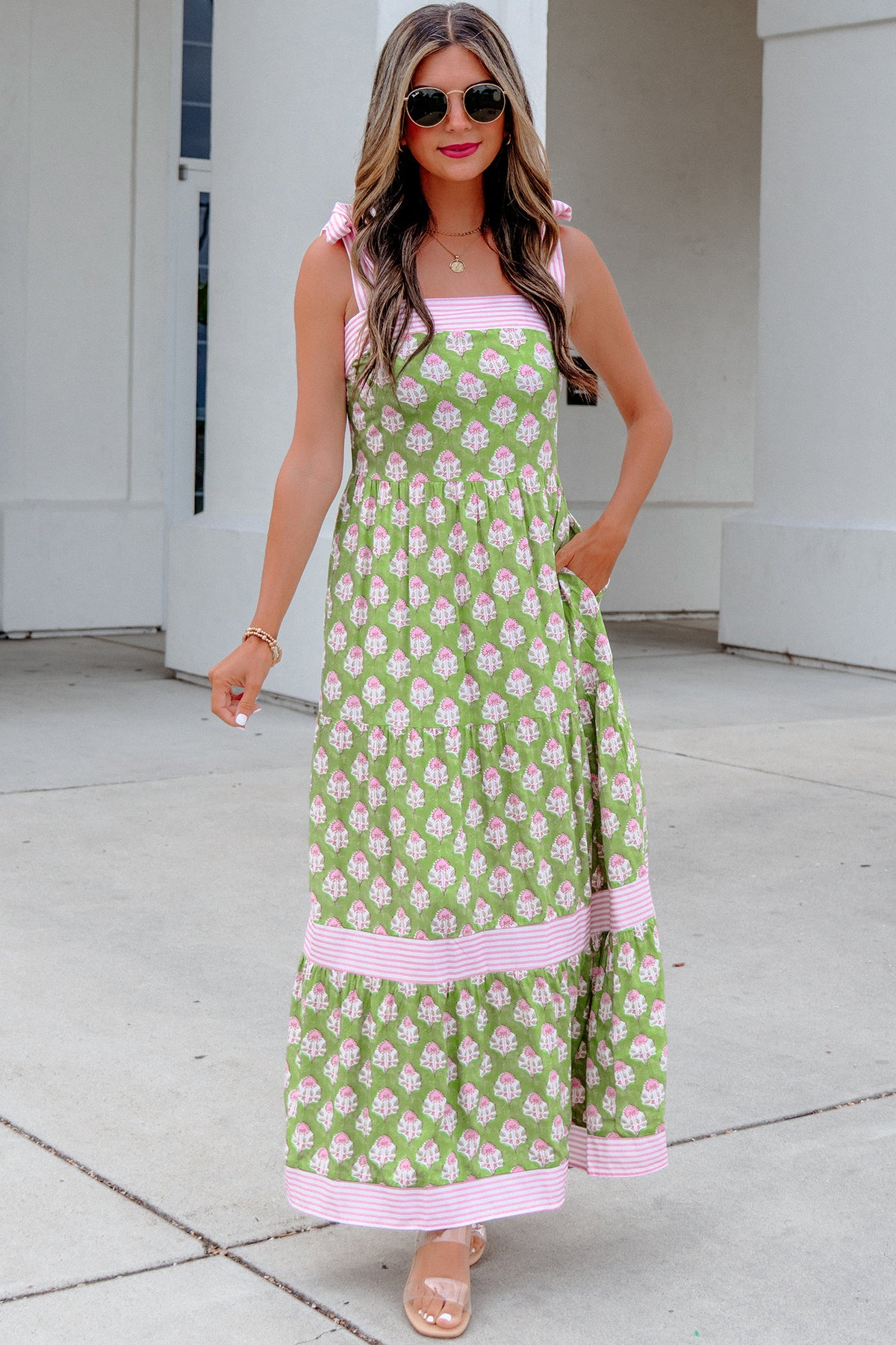 KaleaBoutique Stylish Floral Print Striped Detail Knot Straps Maxi Dress - KaleaBoutique.com
