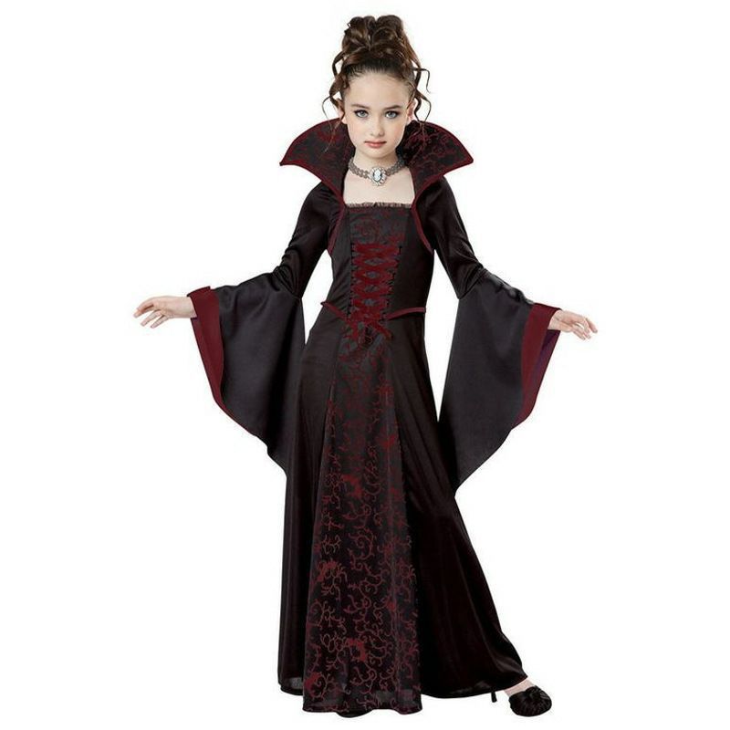 Children's Halloween Costume Witch Retro Lace Up Stand-up Collar Flared Sleeves Printed Maxi Dress - KaleaBoutique.com
