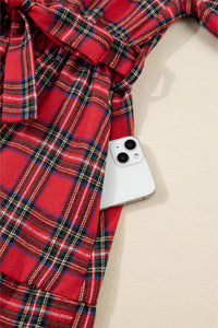 KaleaBoutique Christmas Plaid V Neck 3/4 Sleeve Tie Waist Ruffle Hem Long Dress - KaleaBoutique.com