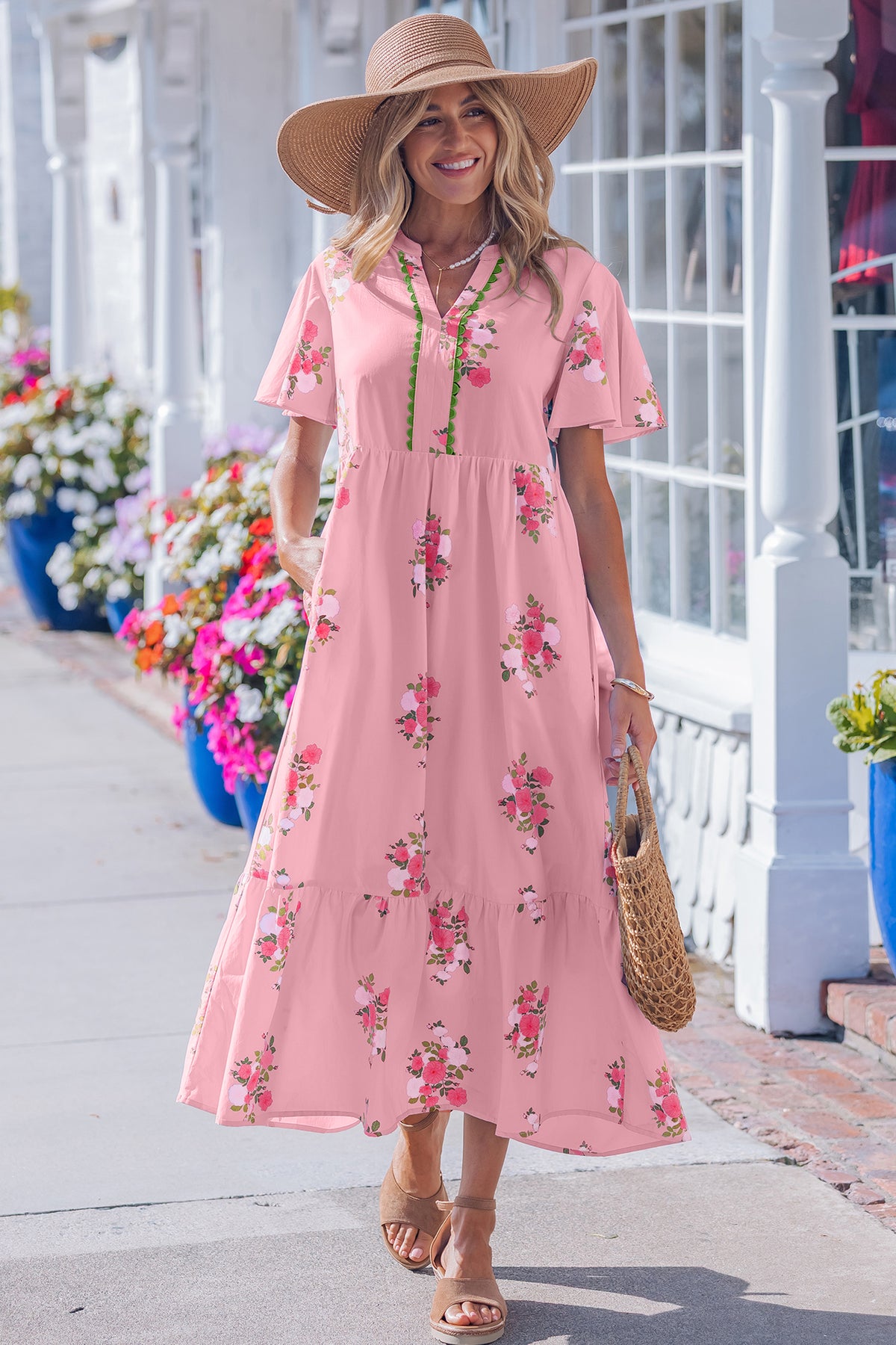 KaleaBoutique Comfortable Notched Neck Flutter Short Sleeve Floral Print Maxi Dress - KaleaBoutique.com