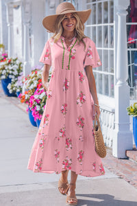 KaleaBoutique Comfortable Notched Neck Flutter Short Sleeve Floral Print Maxi Dress - KaleaBoutique.com