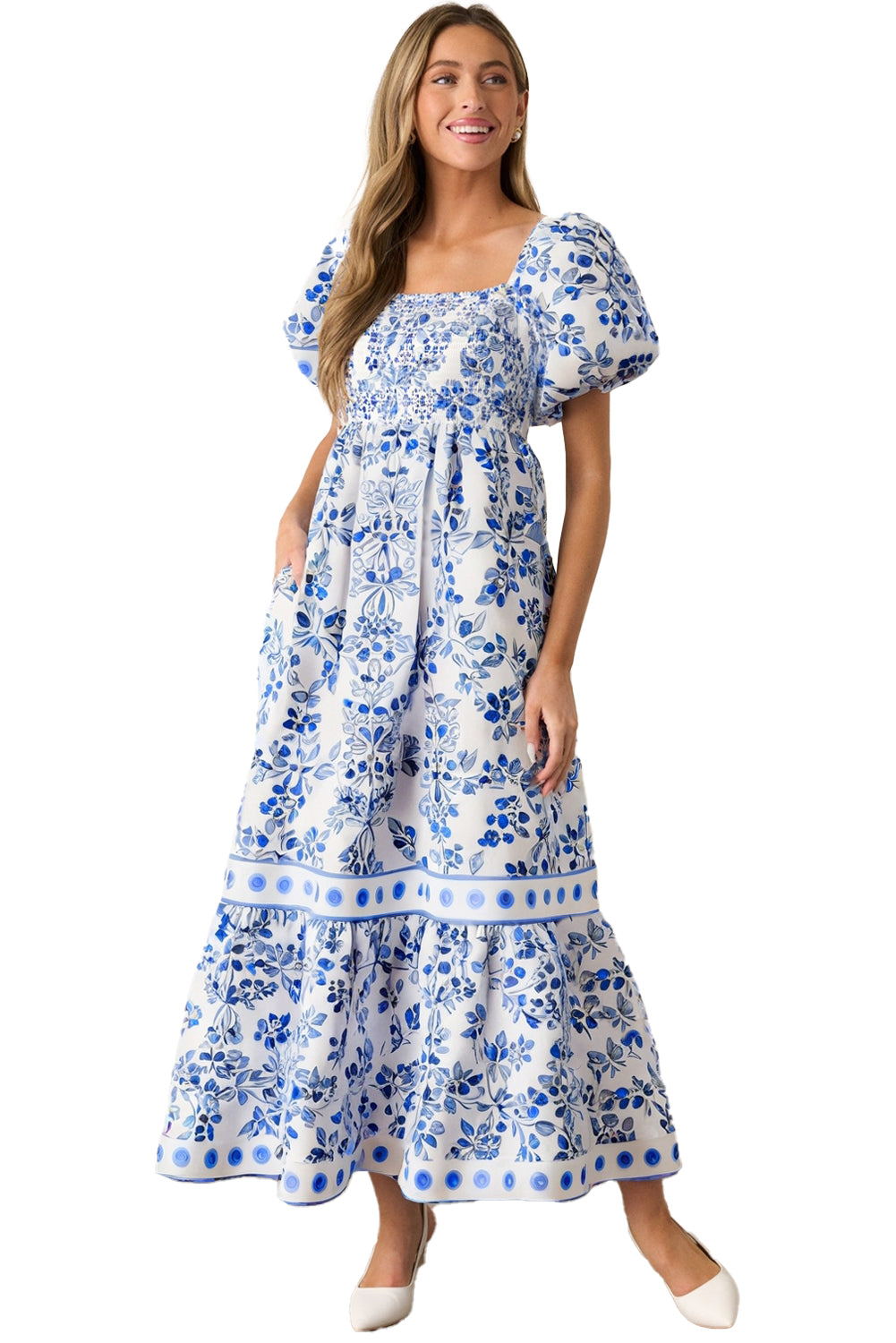 KaleaBoutique Stylish Floral Print Square Neck Bubble Sleeve High Waist Maxi Dress - KaleaBoutique.com