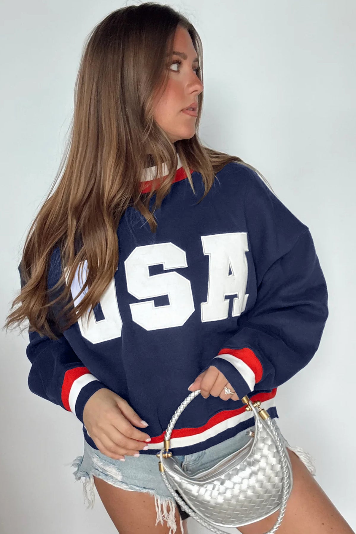 KaleaBoutique Comfortable USA Slogan Patch Embroidery Colorblock High Neck Long Sleeve Sweatshirt - KaleaBoutique.com