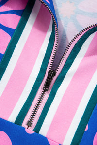 Floral Striped Quarter Zip Cap Sleeve Drawstring Waist Mini Dress - KaleaBoutique.com