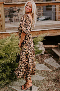 KaleaBoutique Stylish Leopard Print Bubble Sleeve Square Neck Maxi Dress - KaleaBoutique.com