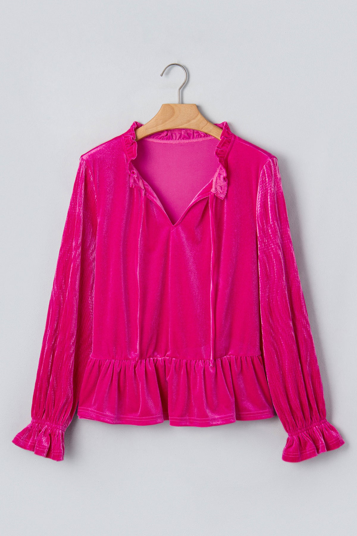 KaleaBoutique Stylish V Neck Velvet Ruffled Cuffs Hem Long Sleeve Top - KaleaBoutique.com