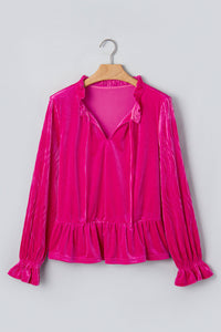 KaleaBoutique Stylish V Neck Velvet Ruffled Cuffs Hem Long Sleeve Top - KaleaBoutique.com