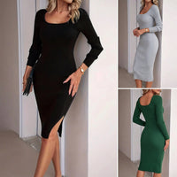 Women's Square Neck Long Sleeve Ribbed Knit Bodycon Midi Dress - Elegant Side Slit Sweater Dress - KaleaBoutique.com
