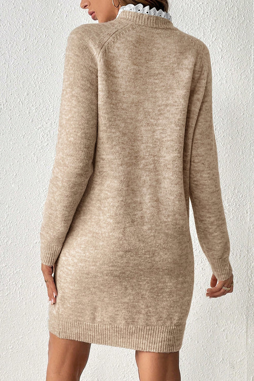 KaleaBoutique Stylish Button Lace Detail Raglan Sleeve Shift Mini Sweater Dress - KaleaBoutique.com