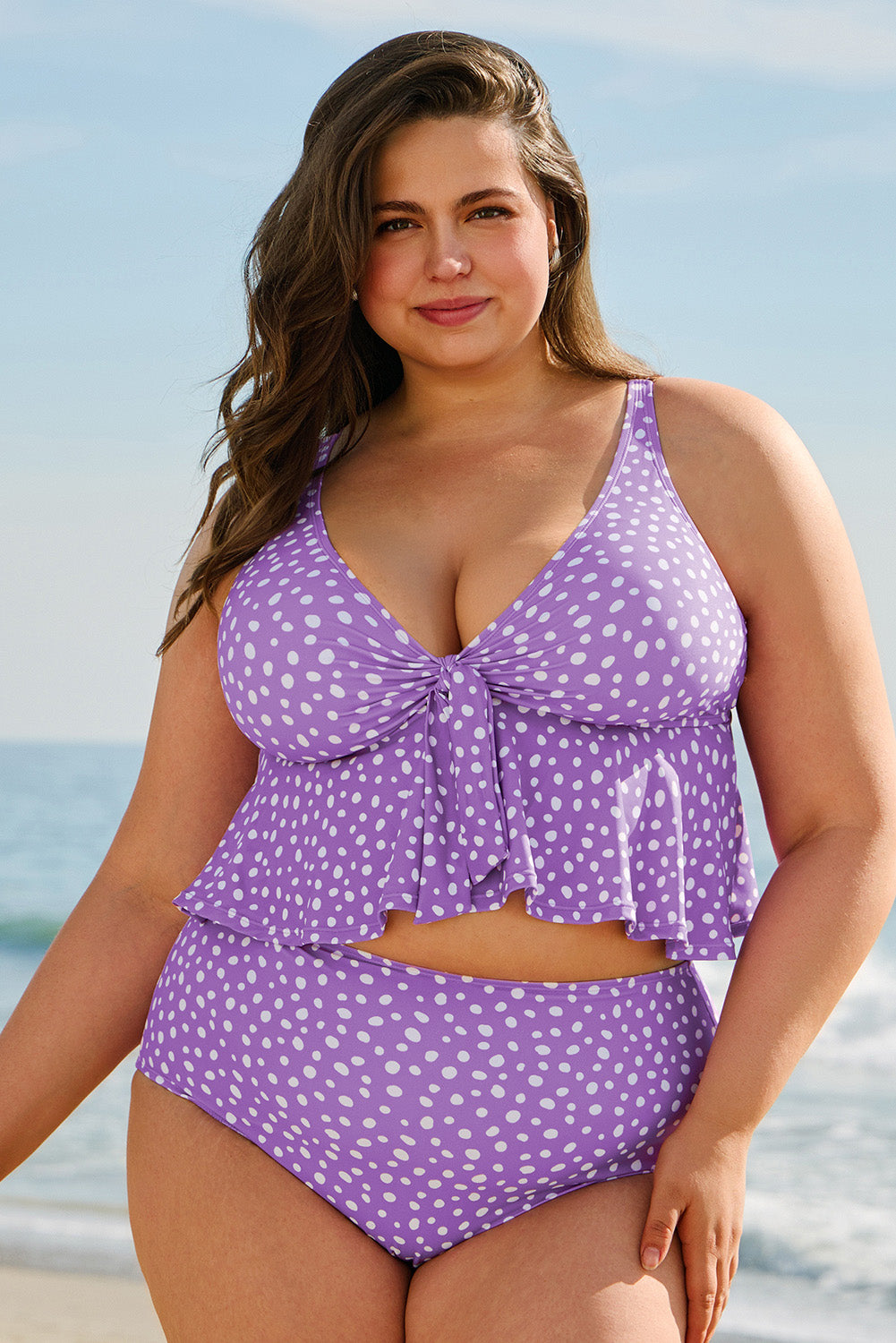Plus Size Polka Dot Print Ruffled Knotted V Neck Tankini Set - KaleaBoutique.com