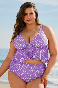 Plus Size Polka Dot Print Ruffled Knotted V Neck Tankini Set - KaleaBoutique.com