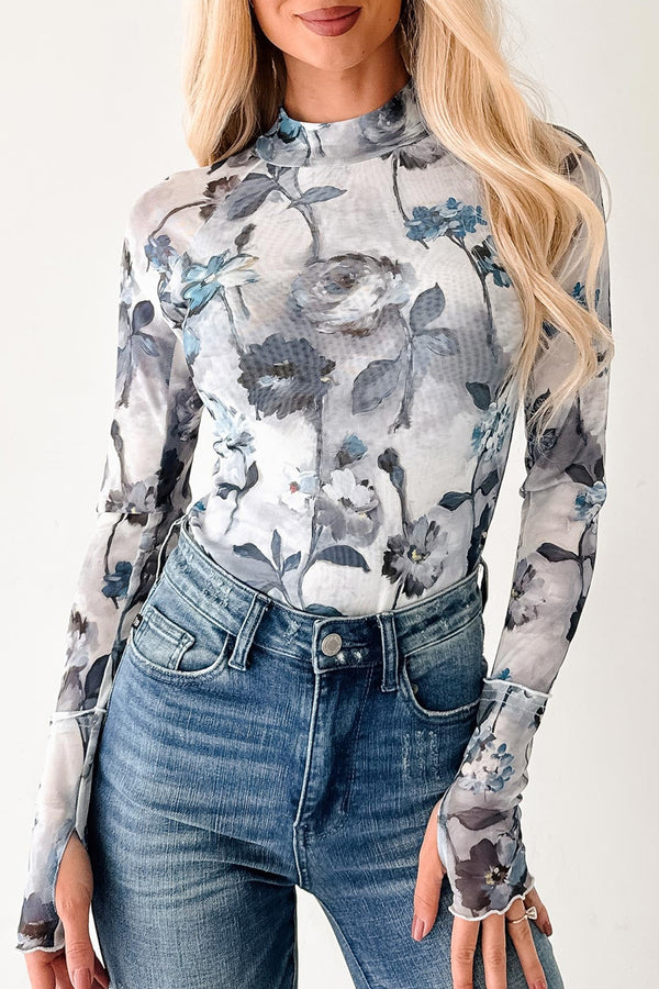 KaleaBoutique Stylish Floral Mesh High Neck Long Sleeve Sheath Top - KaleaBoutique.com
