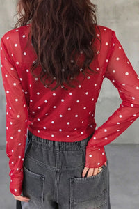 KaleaBoutique Stylish Polka Dot Patterned Bodycon Mock Neck Mesh Long Sleeve Top - KaleaBoutique.com