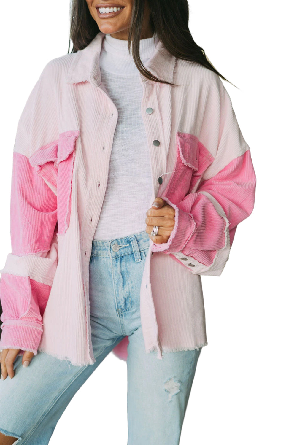 KaleaBoutique Stylish Chic Two-Tone Color Exposed Seam Corduroy Shacket - KaleaBoutique.com