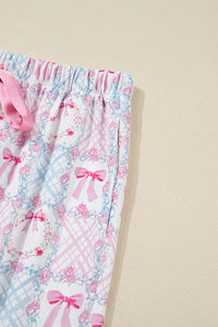 KaleaBoutique Stylish Bow Wreath Pattern Christmas Holiday Tied Front Long Sleeve 2pcs Pajama Set - KaleaBoutique.com