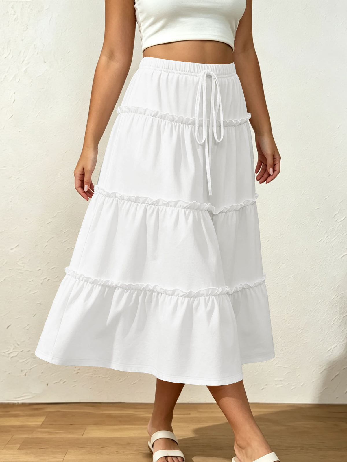 Drawstring Elastic Waist Loose Slimming Midi Tiered Skirt - KaleaBoutique.com