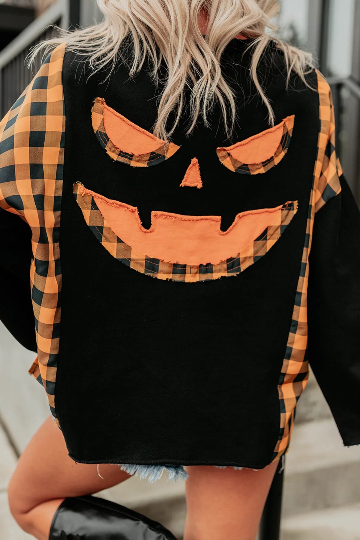KaleaBoutique Stylish Patchwork Plaid Pumpkin Face Long Sleeve Top - KaleaBoutique.com