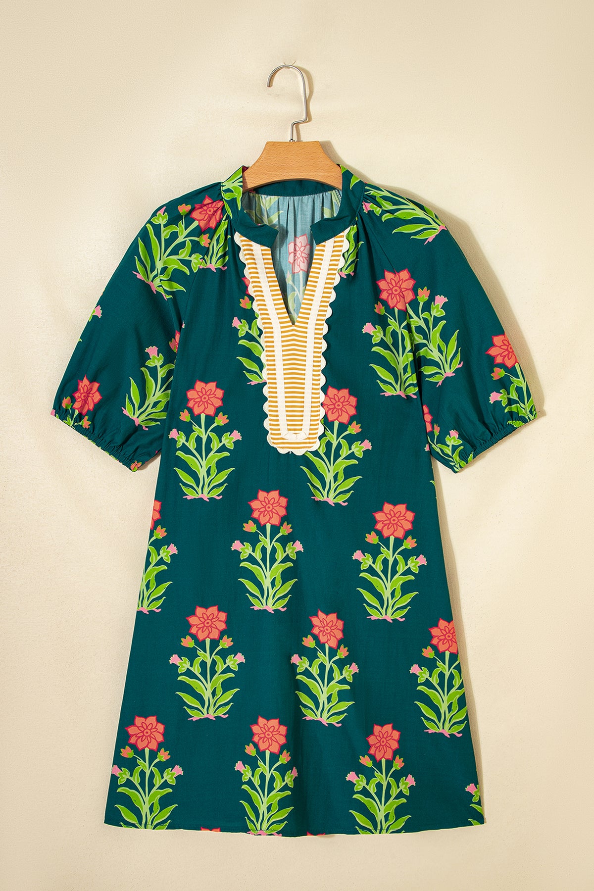 KaleaBoutique Comfortable Floral Print Contrast Trim Striped Patchwork Short Sleeve Dress - KaleaBoutique.com