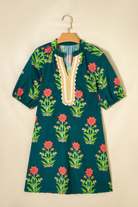 KaleaBoutique Comfortable Floral Print Contrast Trim Striped Patchwork Short Sleeve Dress - KaleaBoutique.com