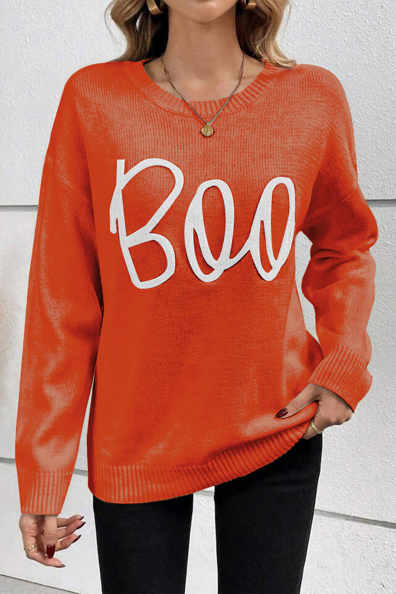 KaleaBoutique Boo Knitted Pattern Ribbed Edge Drop Shoulder Sweater - KaleaBoutique.com