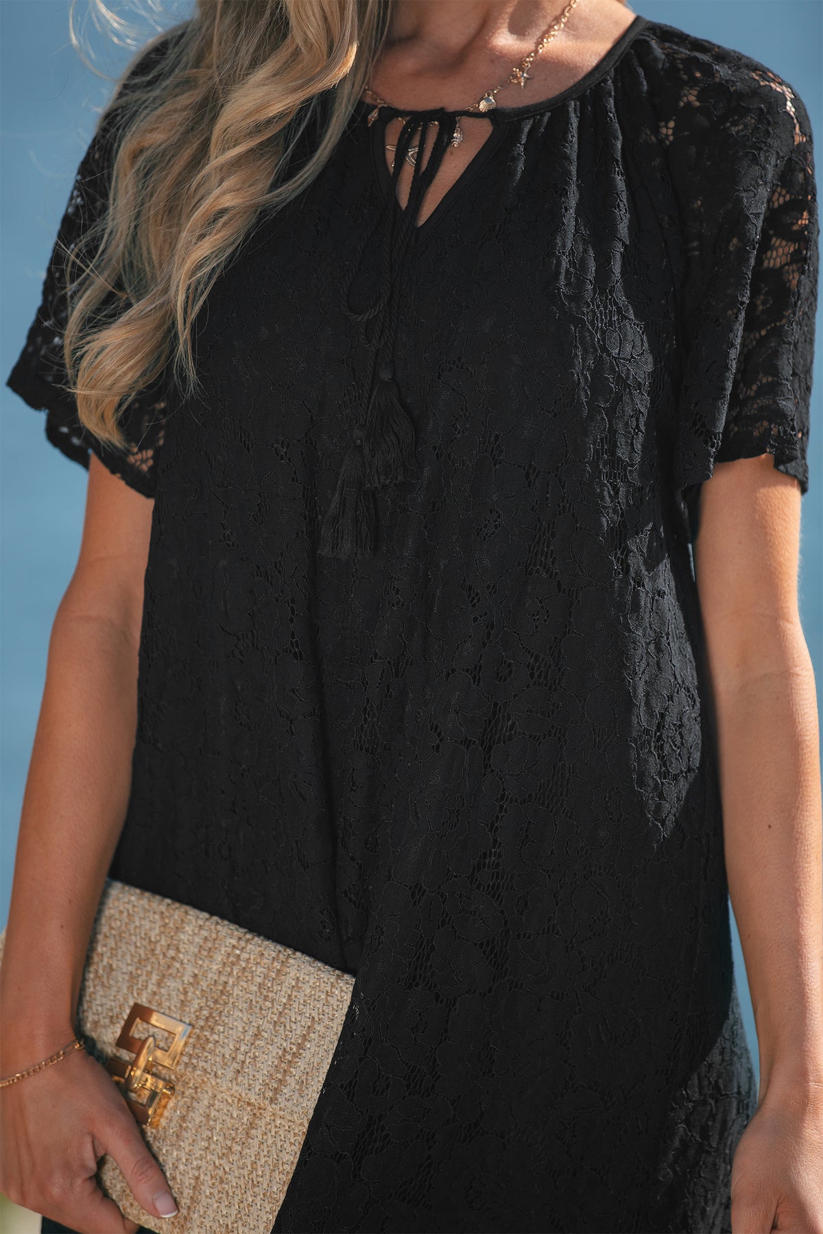 KaleaBoutique Comfortable Floral Lace Overlay Tassel Tie Short Sleeve Beach Vacation Loose Maxi Dress - KaleaBoutique.com