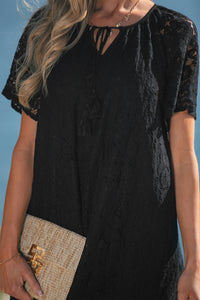 KaleaBoutique Comfortable Floral Lace Overlay Tassel Tie Short Sleeve Beach Vacation Loose Maxi Dress - KaleaBoutique.com