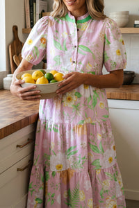 KaleaBoutique Comfortable Floral Print Short Puff Sleeve High Waist Tiered Maxi Dress - KaleaBoutique.com
