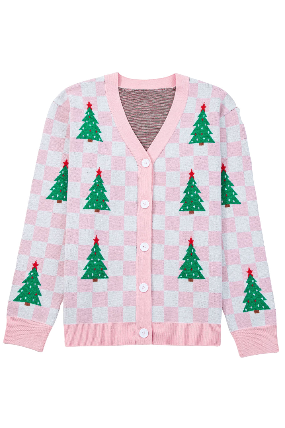 KaleaBoutique Comfortable Checkered Christmas Tree Pattern Button V Neck Cardigan Sweater - KaleaBoutique.com