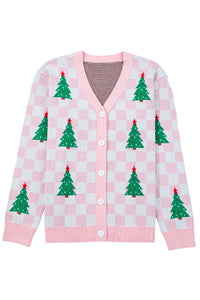 KaleaBoutique Comfortable Checkered Christmas Tree Pattern Button V Neck Cardigan Sweater - KaleaBoutique.com