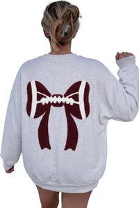 KaleaBoutique Comfortable Chenille Embroidered Rugby Bow Game Day Oversized Sweatshirt - KaleaBoutique.com