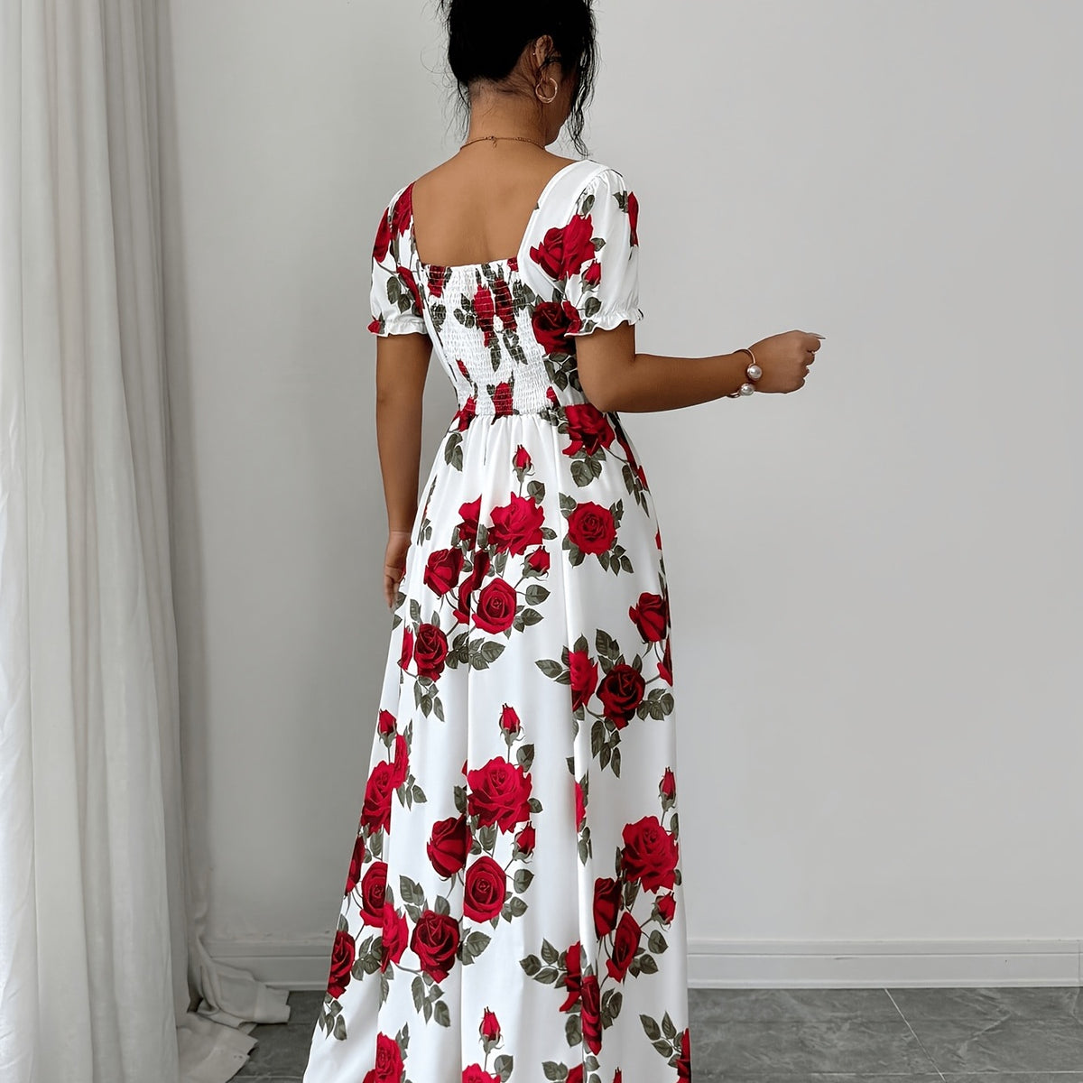 Elegant Vintage Rose-print Puff-sleeve Maxi Dress - KaleaBoutique.com