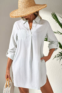 Collared V Neck Chest Pocket Long Sleeve Beach Cover up - KaleaBoutique.com