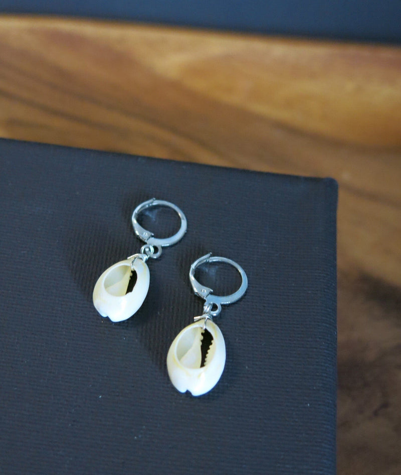 African Cowrie Seashell Hoop Earrings, White Kauri Beach Wedding Earrings, Bridal Shower Shell Dangle Lever Earrings - KaleaBoutique.com