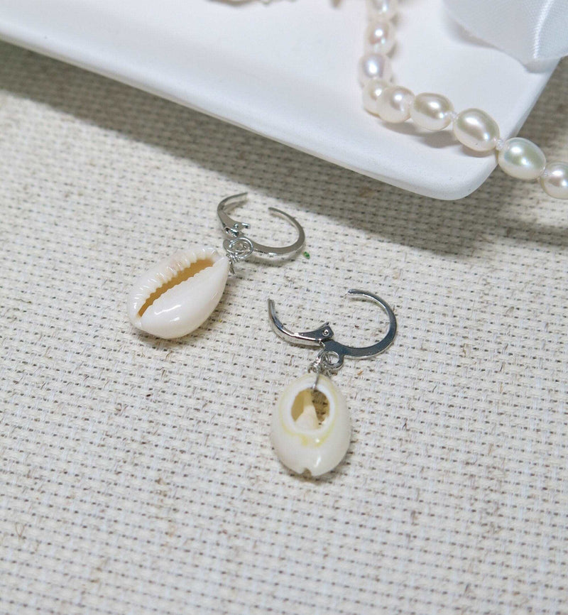 African Cowrie Seashell Hoop Earrings, White Kauri Beach Wedding Earrings, Bridal Shower Shell Dangle Lever Earrings - KaleaBoutique.com