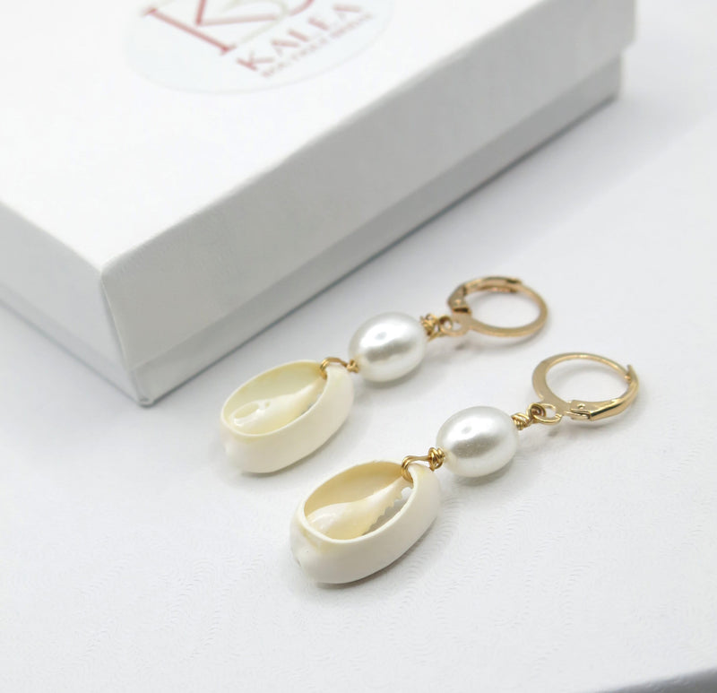 African Cowrie Seashell Dangle Lever Back Earrings, White Pearl Wedding Shell Dangle Earrings - KaleaBoutique.com