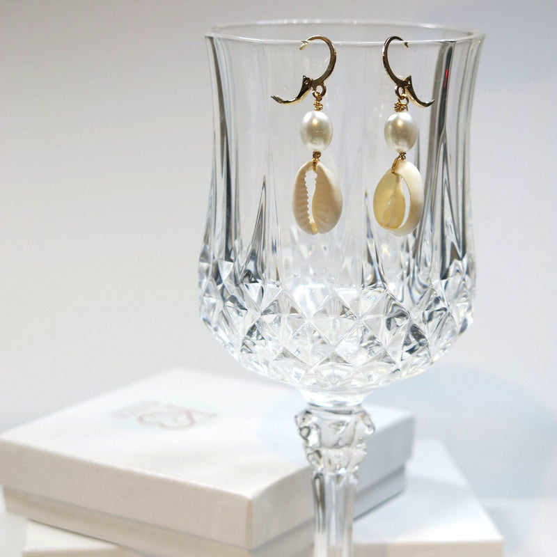 African Cowrie Seashell Dangle Lever Back Earrings, White Pearl Wedding Shell Dangle Earrings - KaleaBoutique.com