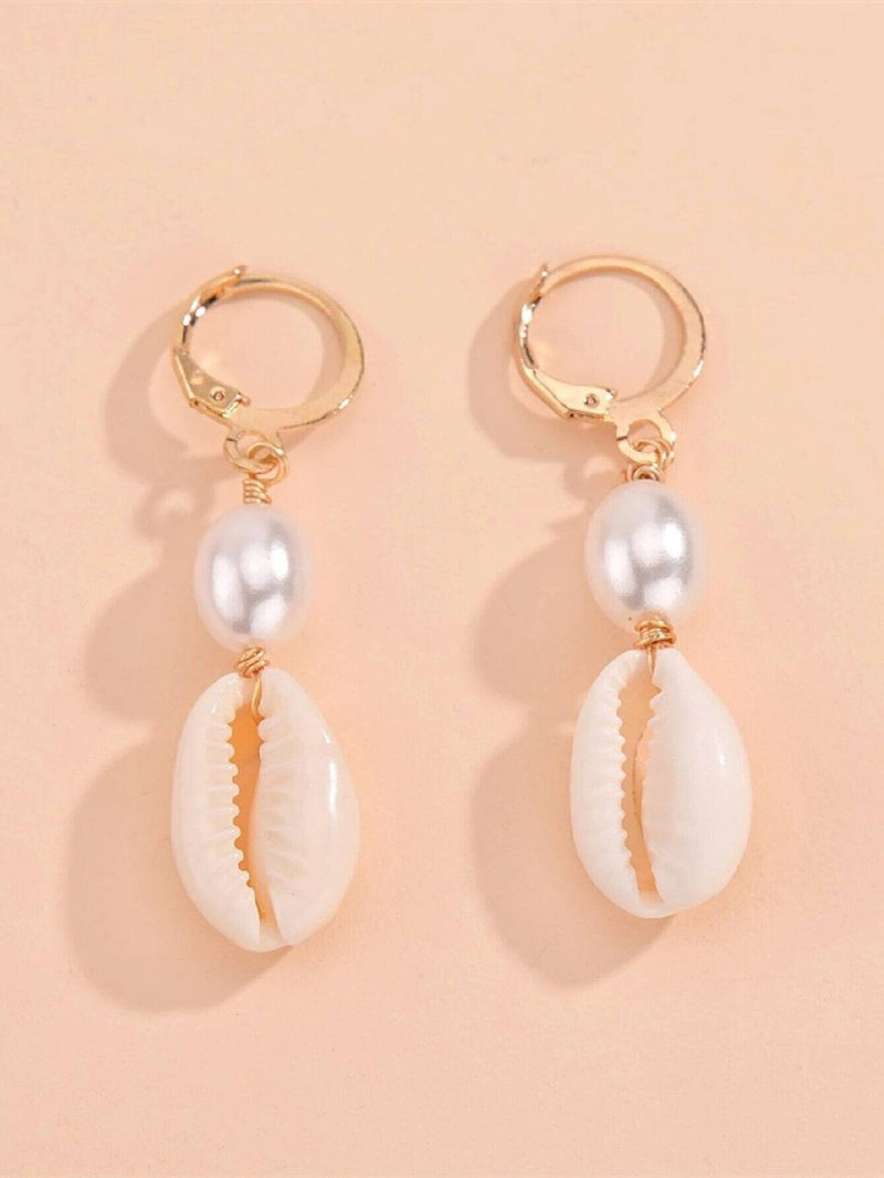 African Cowrie Seashell Dangle Lever Back Earrings, White Pearl Wedding Shell Dangle Earrings - KaleaBoutique.com