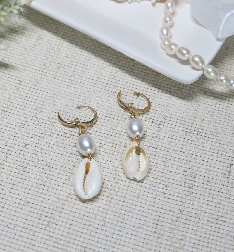 African Cowrie Seashell Dangle Lever Back Earrings, White Pearl Wedding Shell Dangle Earrings - KaleaBoutique.com