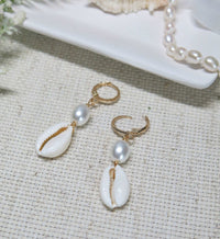 African Cowrie Seashell Dangle Lever Back Earrings, White Pearl Wedding Shell Dangle Earrings - KaleaBoutique.com