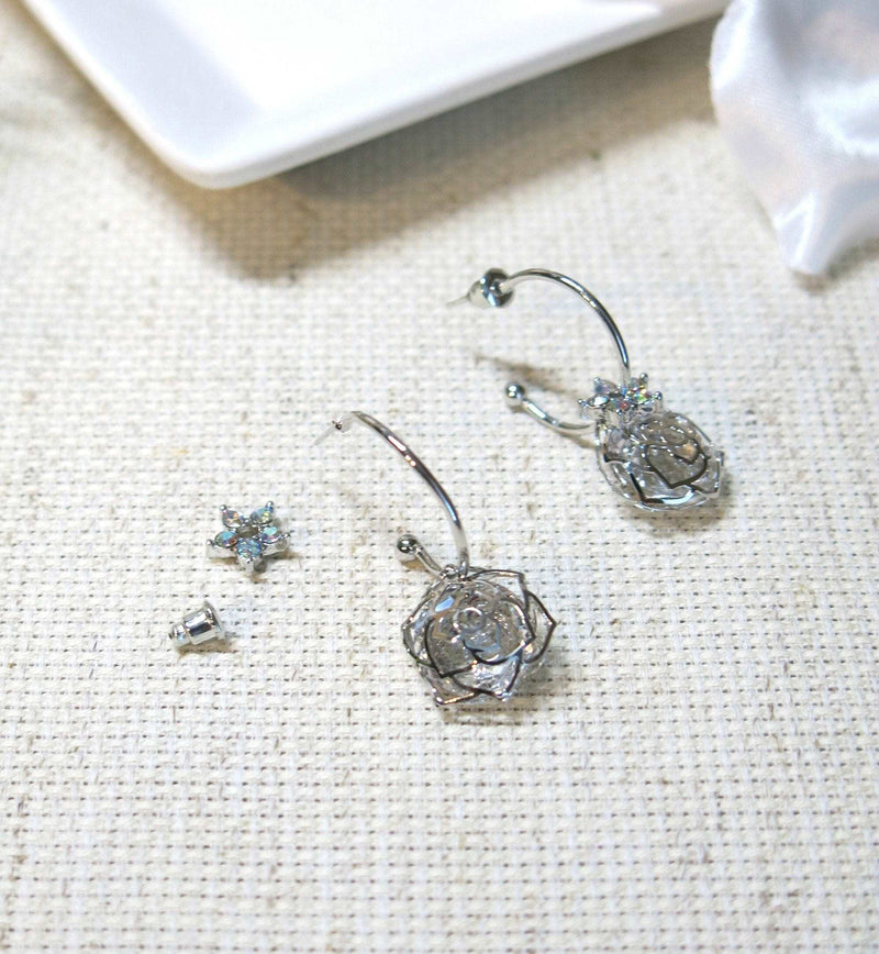 Aurora Borealis Flower Charm Hoop Earrings, AB Crystal Hooped Studs, Wedding Bridal or Bridesmaid Hoop Earring Studs - KaleaBoutique.com