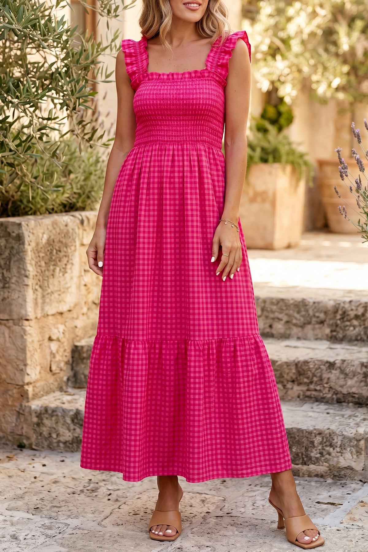KaleaBoutique Comfortable Plaid Square Neck Fit-and-flared Vacation Sundress - KaleaBoutique.com