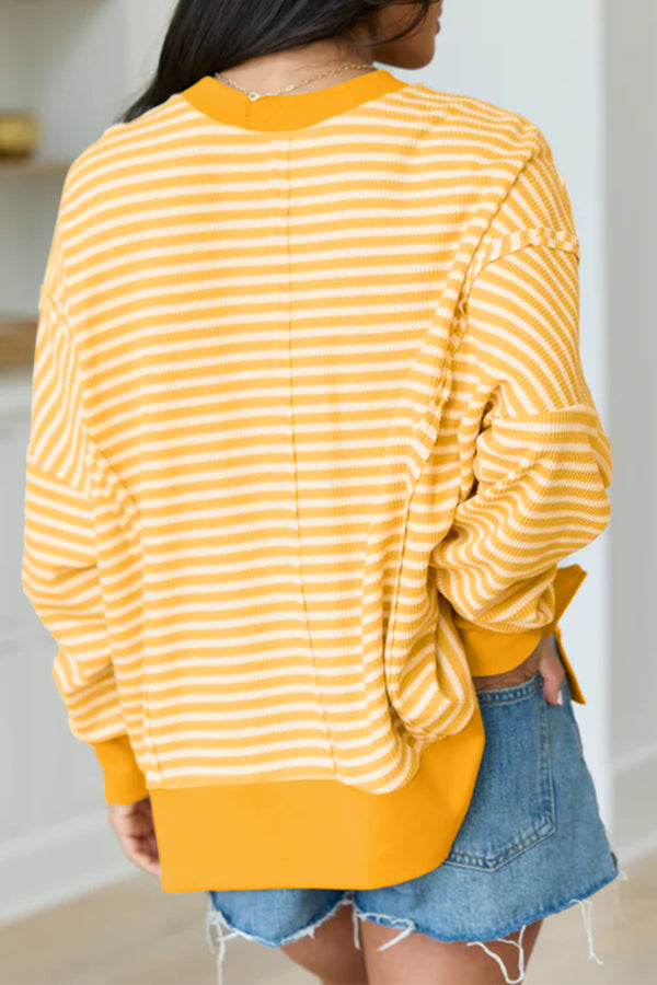 KaleaBoutique Stylish Textured Knit Color Block Trim Split Hem Long Sleeve Top - KaleaBoutique.com