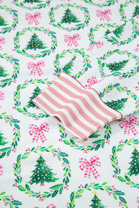 KaleaBoutique Comfortable Bow Christmas Tree Print Contrast Striped Banding 2pcs Lounge Set - KaleaBoutique.com